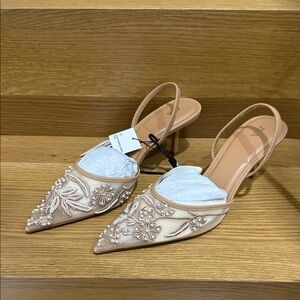 Zara Tan Floral Embellished Mesh Heels